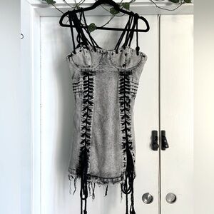 Dolls Kill Darker Wavs CHARGED LACE-UP DENIM DRESS